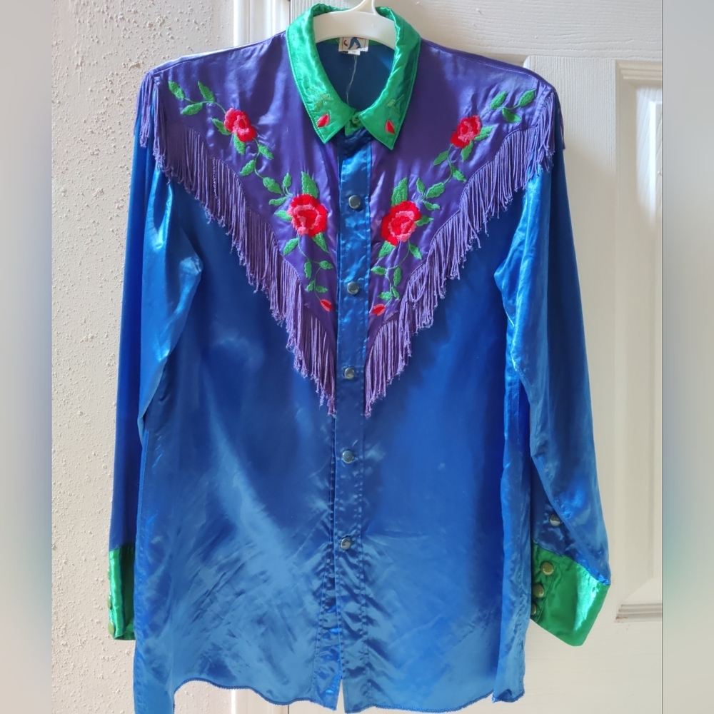 Vintage 70s Cowgirl Colorful Western Rodeo Fringe Embroidered Rose Top 🌹🌹